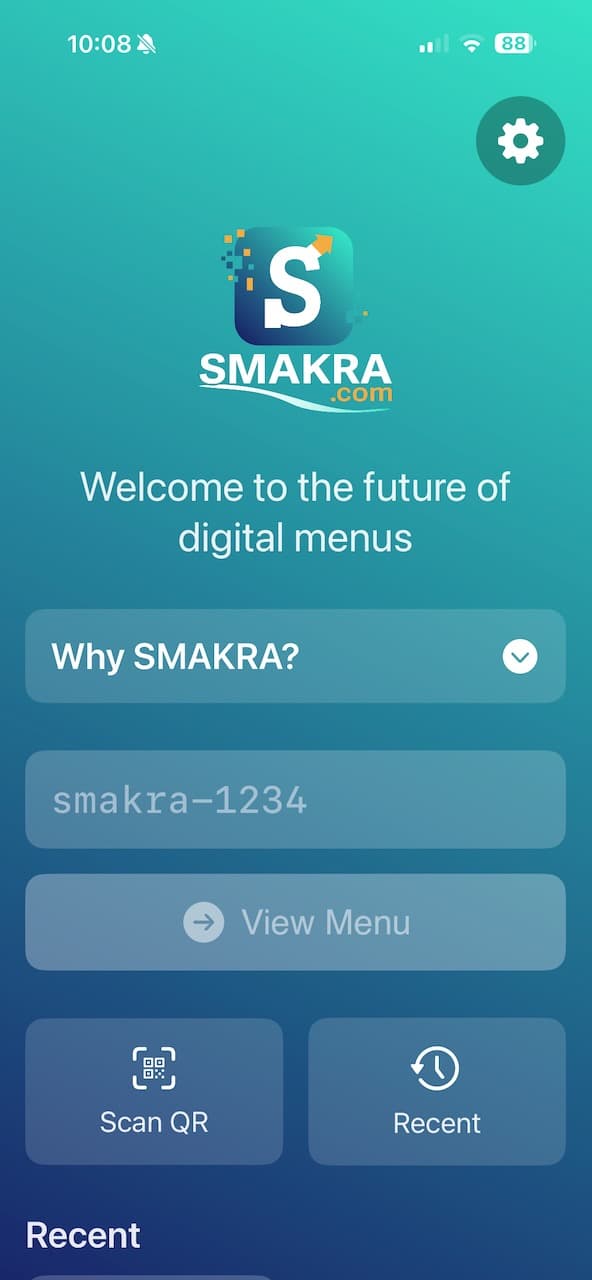 The SMAKRA viewer app on a phone, showing a restaurant menu